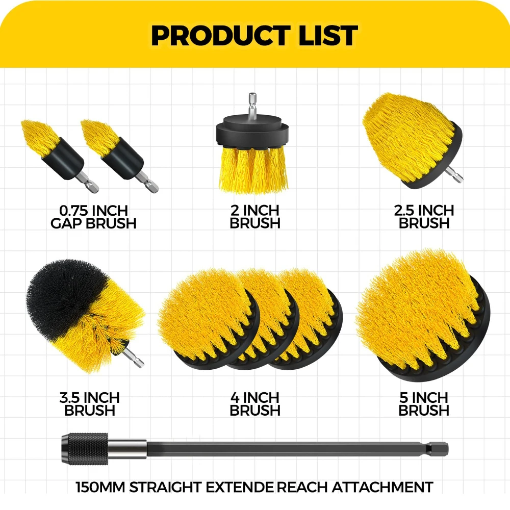 10Piece Drill Brush Attachments Set Power Scrubber With Extend Long Attachment Cleaning Supplies for Bathtub Bathroom Kitchen