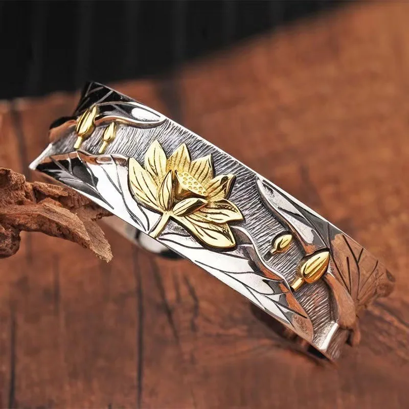 Elegant Wide Open‑Cuff Bracelet, Vintage Embossed Lotus Bangle, Fashion Women Wrist Ornament for Casual and Party Occasions