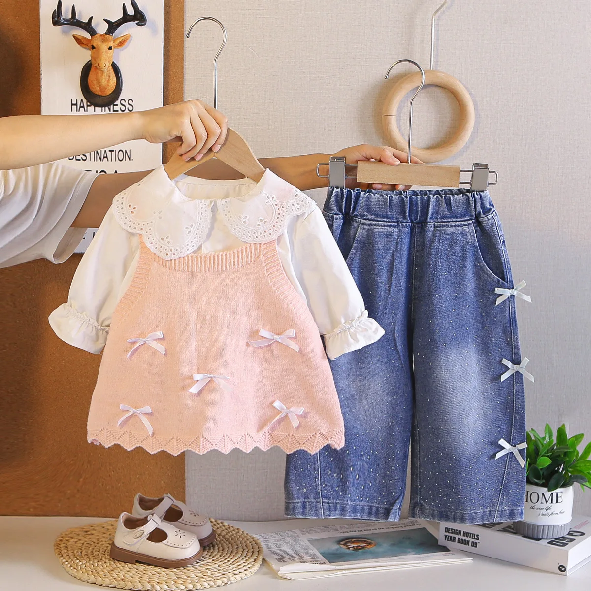 Korean Style Little Girls 3 Piece Outfit Fashion White Blouse + Vest + Wide Leg Denim Pants Cute Kids Spring Casual Matching Set