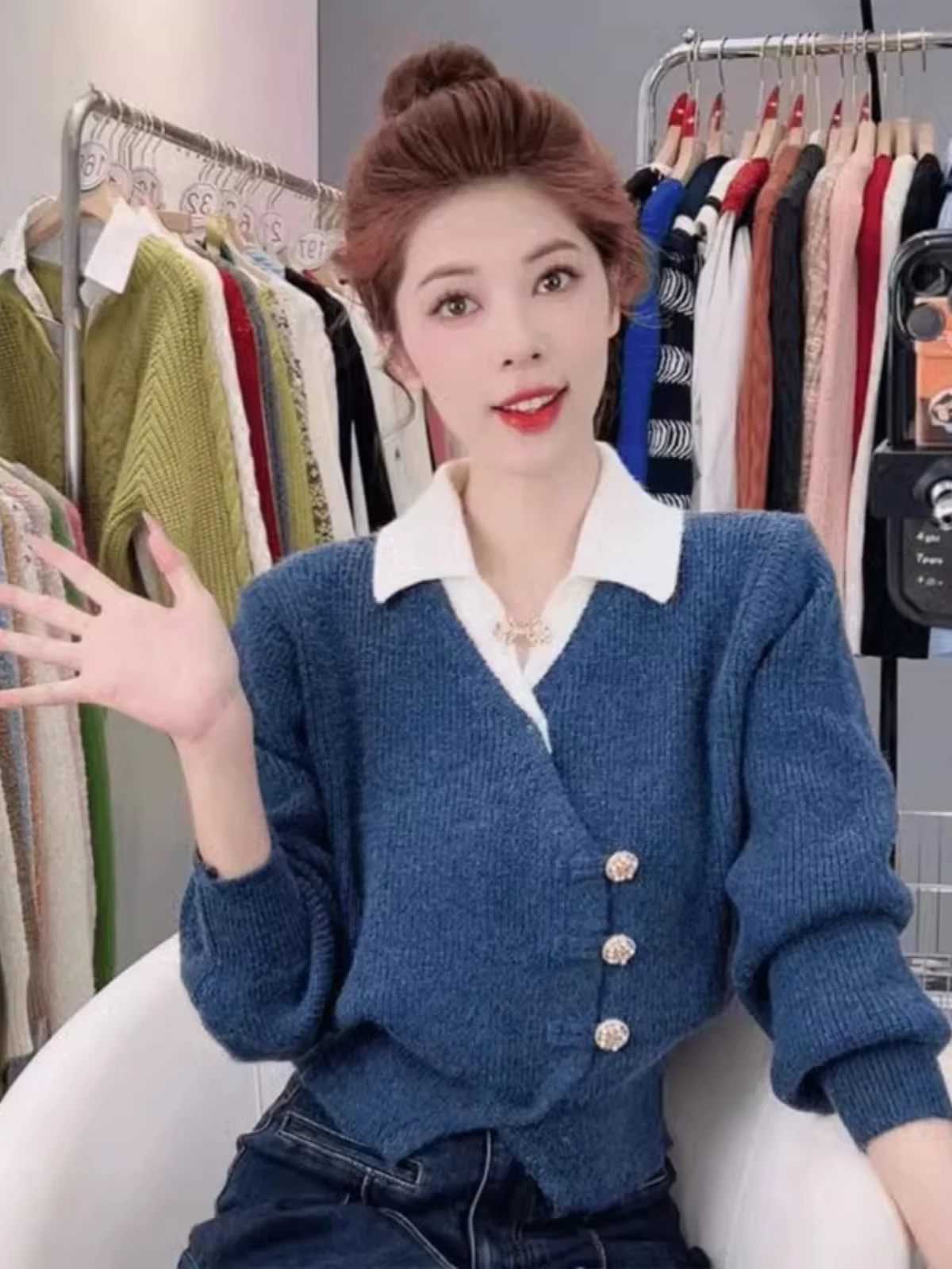 Cárdigan Hoado de Punto para Mujer, Estilo Otoñal, Diseño con Sensación de Dos Piezas, Suéter Acolchado con Botones