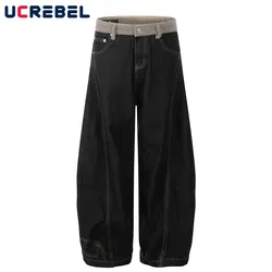 Patchwork Dark Jeans Mens Retro High Street Spring Spliced Loose Wide Leg Denim Pants Men Trousers