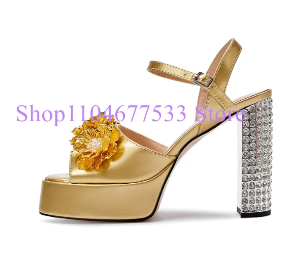 

Gold Color Crystal Chunky Heel Lady Sandals Shoes Fashion Flower Decor Platform Woman High Heels Shoes Sexy Pumps Party Shoes
