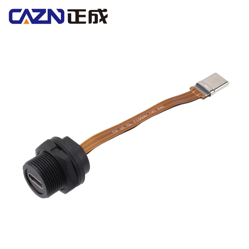 CAZN Waterproof IP67 IP68 Type C Female to Male PFC Flat Cable 3.1 Speed Threaded-type Type-C 3.1 10GB 3A 20V
