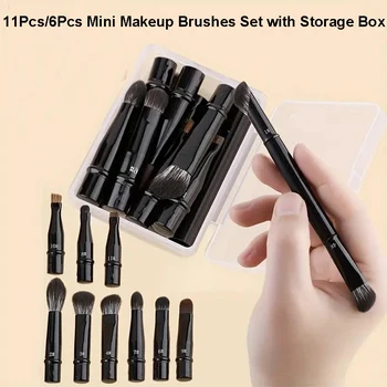 סט מברשות איפור נסיעות מיניות בעלות 11/6 יחידות עם קופסה, מברשת רכה כפולה עם שיער קצר, מברשת מחליפה נשלפת לכלי קוסמטי לפנים