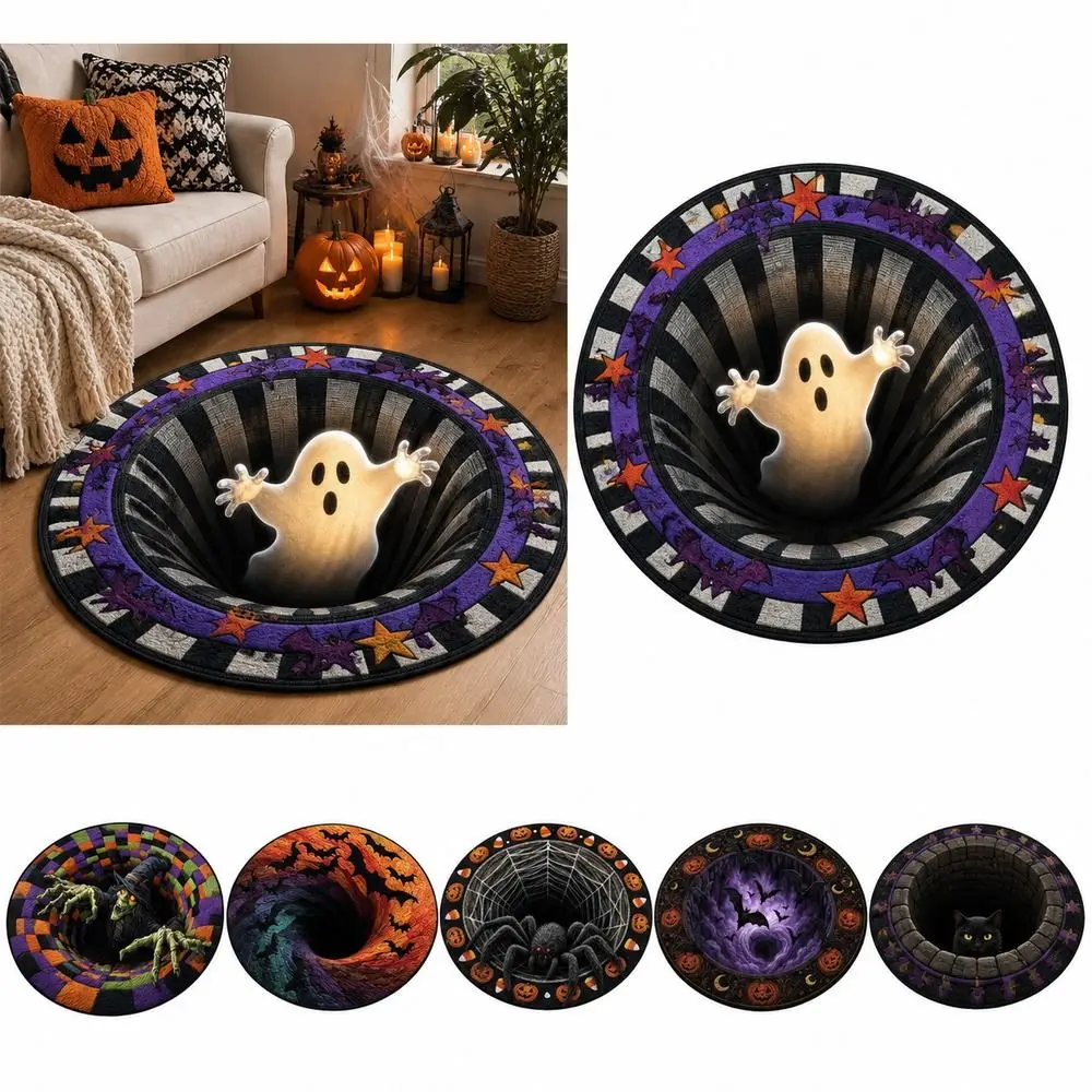 3D Visual Halloween Floor Mat Soft Texture Non Slip Backing 3D Visual Rug Easy Clean Surface Ghost Pattern