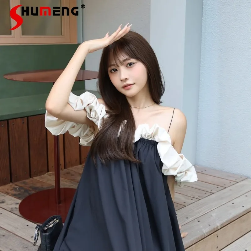 

Kawaii Clothes Lolita Y2k Sweet Dresses Japanese Style Off-Shoulder Puff Sleeves Two-Way Color Block A-Line Long Dress Ladies