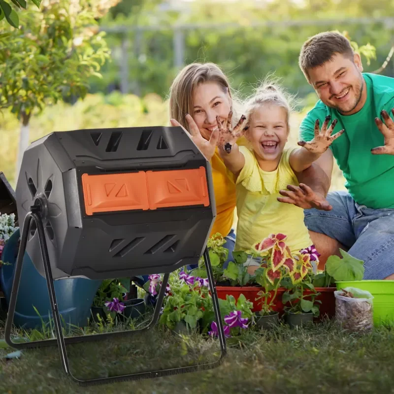 Orange 43 Gallon Double Chamber Rotary Composter Outdoor Rolling Bin 360 Degree Aeration Tumbler for Garden Waste Recycling