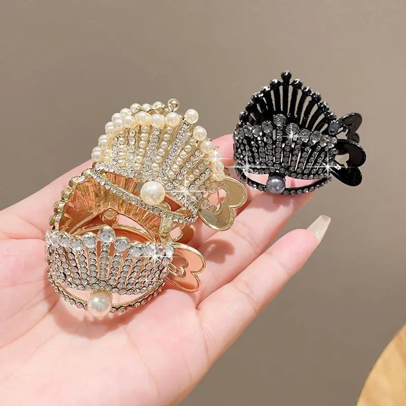 Rhinestone Crown Hair Claw Elegant Pearl Ponytail Clip Shark Clip High Ponytail Fixed Hairpins Hair Accessories Women Headwear