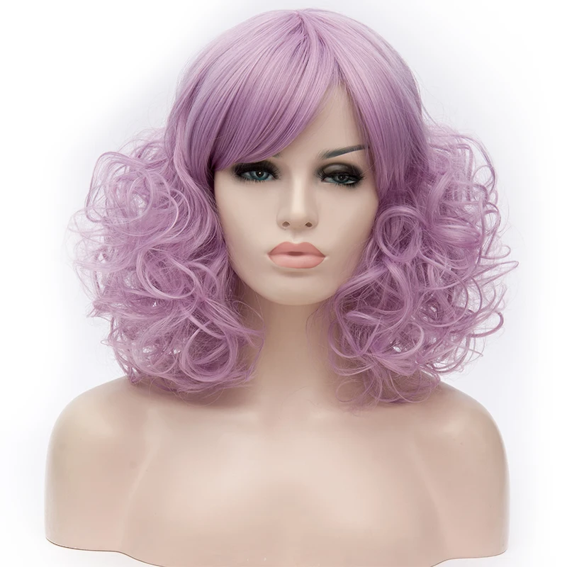 

GAKA Short Curly Synthetic Cosplay Wig for Women Party Headgear Fake Side Bangs Purple Blue