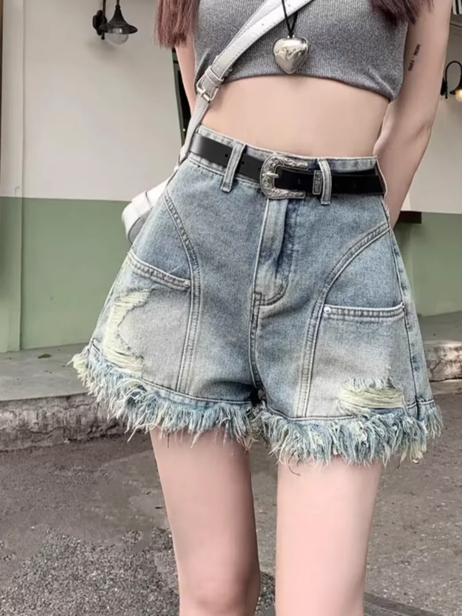 

Retro American Hot Girl Frayed Hem Denim Shorts High Waist Women's Design Sensation A-Line Wide Leg Hot Pants Blue