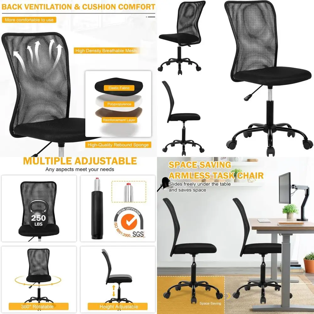

Ergonomic Mesh Chair with Wheels, Adjustable Height, Armless, Comfortable Mid-Back Desk Chair for Home Office, Small Spaces, 250