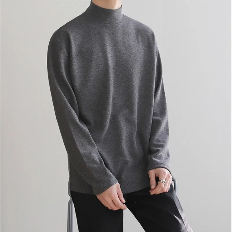 Sweater beludru wajah ganda longgar pria, Turtleneck mewah kasual polos musim semi musim gugur musim dingin E3743 hangat sederhana ukuran besar