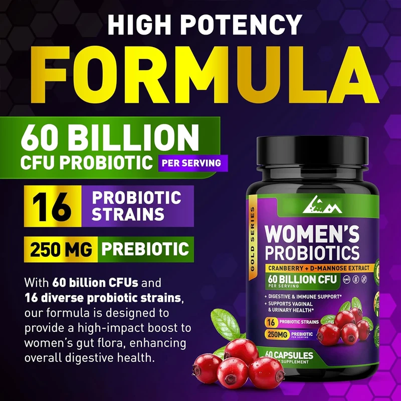 

Female probiotics -60 billion colony units, 16 strains - supports digestion, immunity, and health - non GMO, dairy, and gluten