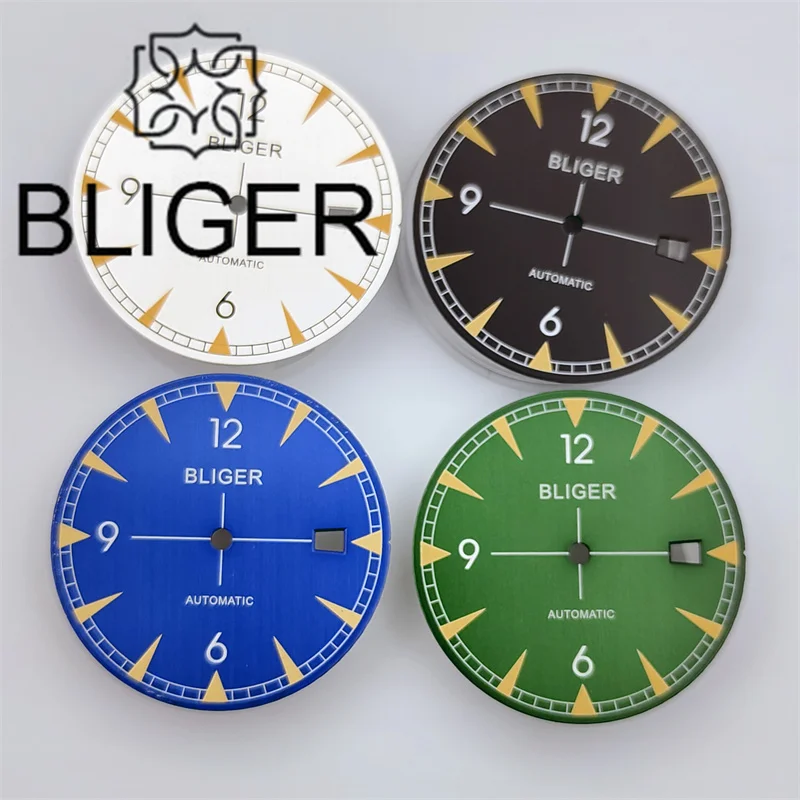 BLIGER 33.2mm NH35 Watch Dial Black Green Blue White Dial With Orange Time Marks Green Luminous For  Men's Automatic Watch Parts