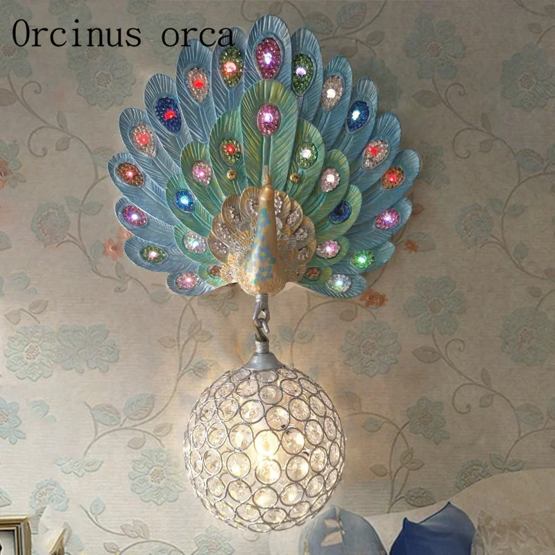 French pastoral blue peacock crystal wall lamp bedroom bedside balcony warm southeast wall lamp free shipping