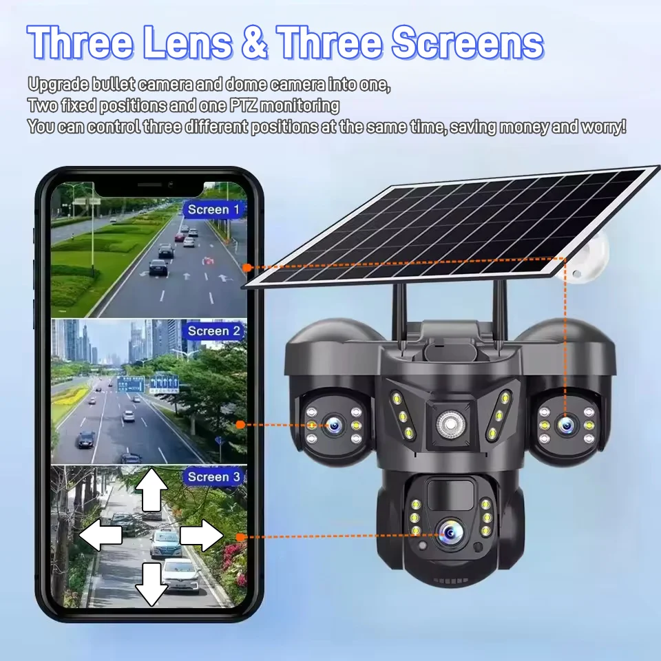 15MP 4G Solar Camera Outdoor 10X Zoom Triple Lens PTZ CCTV PIR Motion Detection Security Surveillance V380 Pro 3-Screen Camera