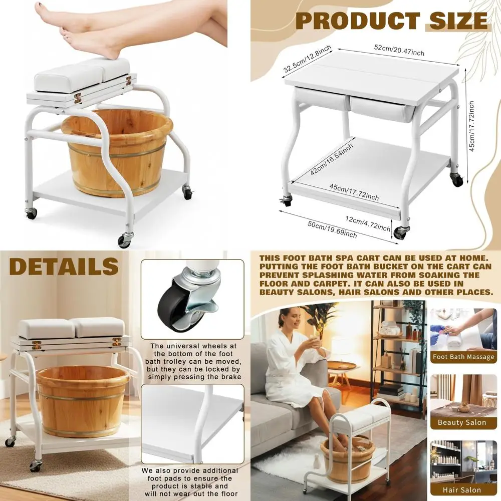 

Portable Pedicure Cart with Locking Wheels, Adjustable Massage Stool, White PU Cushion for Beauty and Nail Spa Supplies