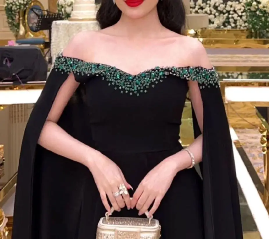 Elegant Green Beaded Evening Dress Off Shoulder Sequins Wedding Dress Ankle-Length Fashion A-line Arabia Formal Party Dress