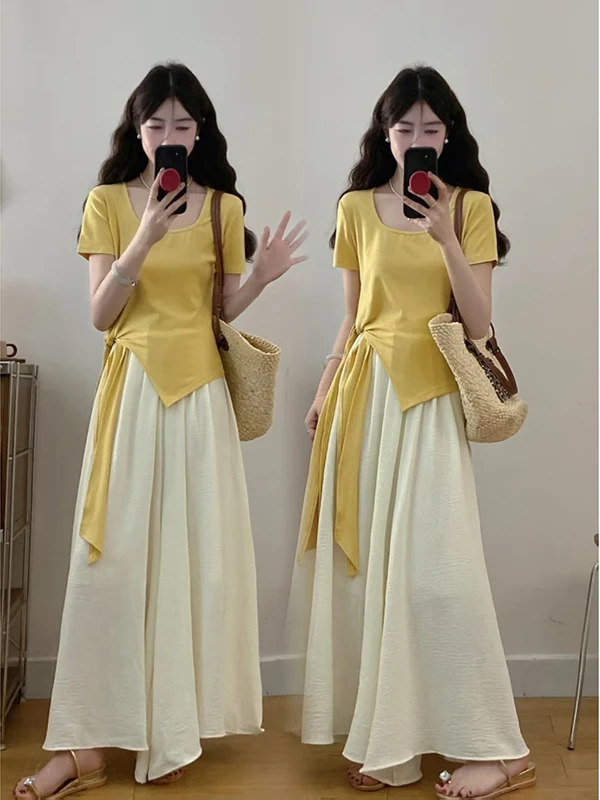 

plus Size Conceal Meat Set Summer Women's Fashion High Waist Wide Leg Pants Skirt Two Piece Set Casual Style Hidden Belly