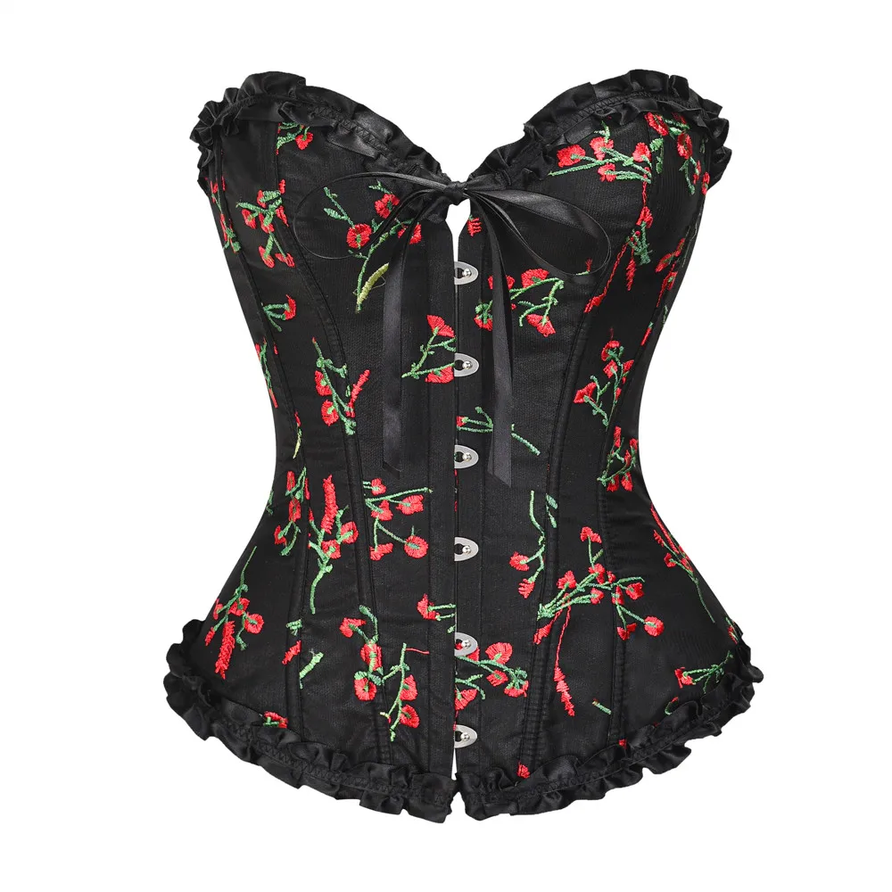 

Corsets and Bustiers Women Sexy Gothic Lace Up Boned Overbust Waist Trainer Floral Embroidery Body Shaper Lingerie Top Corset