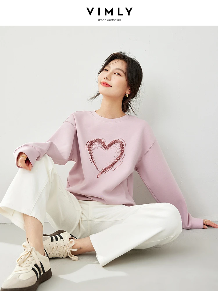 Vimly Heart Sequins Embroidery Pink Sweatshirt Long Sleeve Top for Women 2024 Spring New Casual Sports O-neck Pullovers M5883