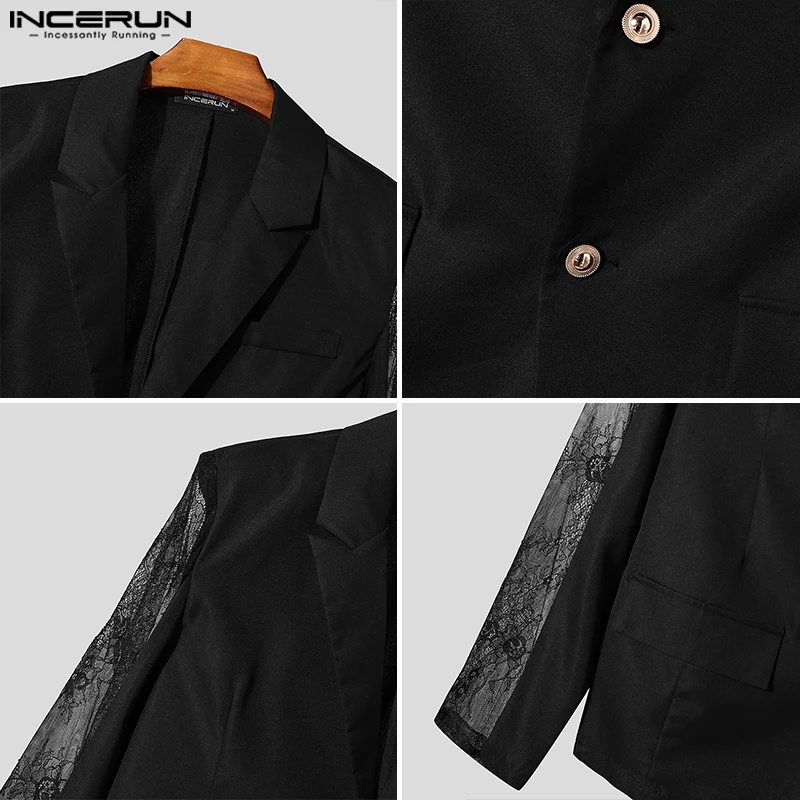 Fashion Casual Style Tops INCERUN New Mens Perspective Lace Splicing Design Suit Coats Male Solid Long Sleeved Blazer S-5XL 2024