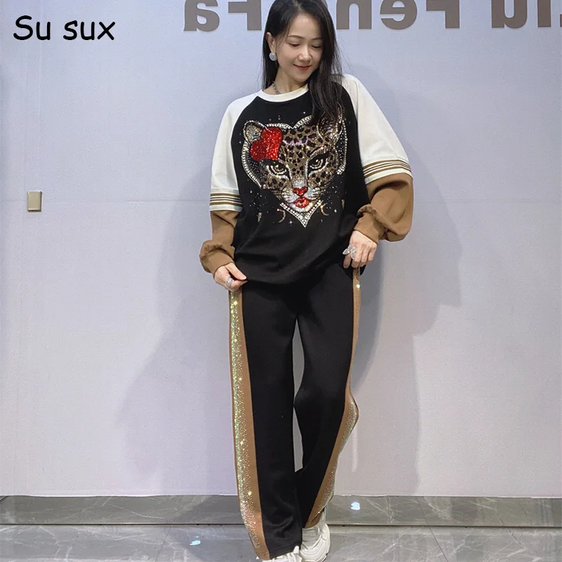 

Cartoon Tiger Head Patchwork Pant Sets Woman Casual Pullover Long Sleeve Sweatershirt 2 Piece Set Vestidos 2025 Autumn Streetwea