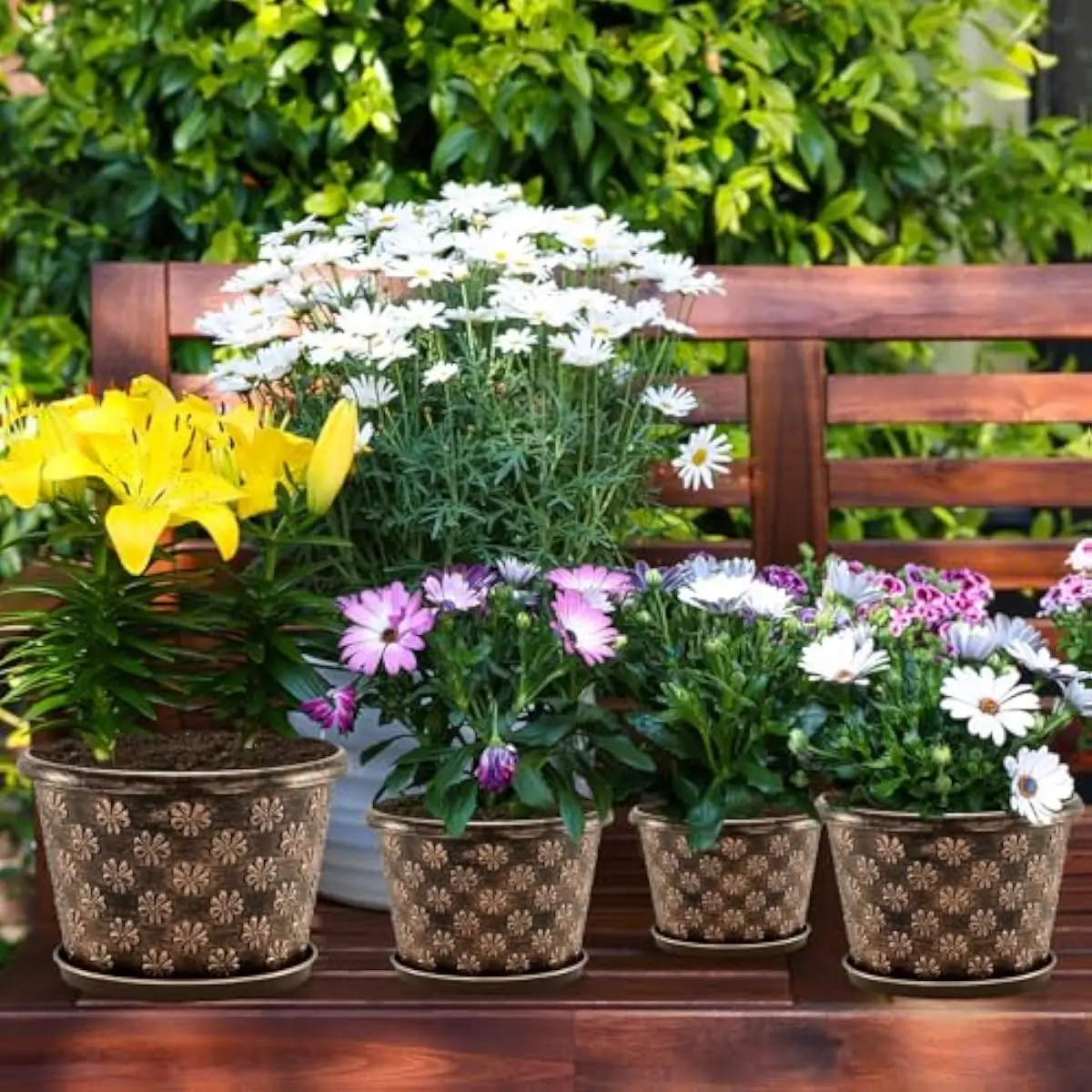 16 Inch Resin Planter Pots with Drainage Holes and Removable Saucers – Lightweight UV Resistant Outdoor Indoor Garden Containers