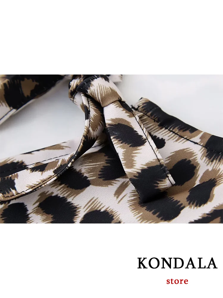 KONDALA Vintage Leopard Print Loose Shirts Women O Neck Bow Buttons Short Sleeve Blouses Fashion 2024 Summer Streetwear Tops