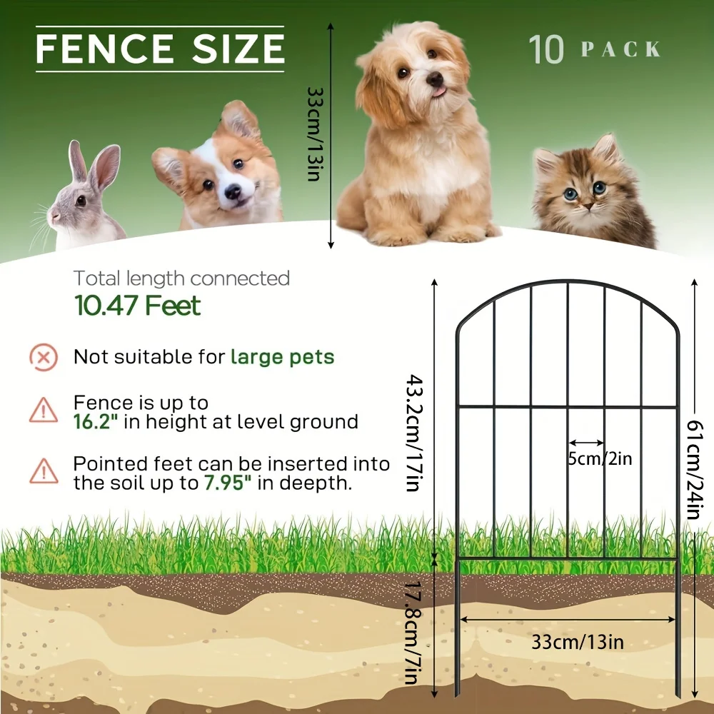 Garden Fence, Total 10ft(L) x 24in(H) Garden Fencing Animal Barrier, 10 Pcs Rustproof Metal Fence Panels, Black No Dig Fence, De