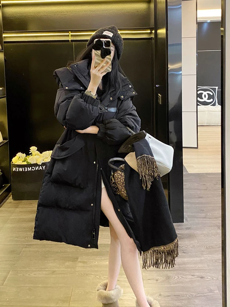 겨울 중간 길이 탈부착 후드 다운 재킷 여성 화이트 덕 다운 파카 다운 재킷 여성 큰 포켓 다용도 따뜻한 아우터