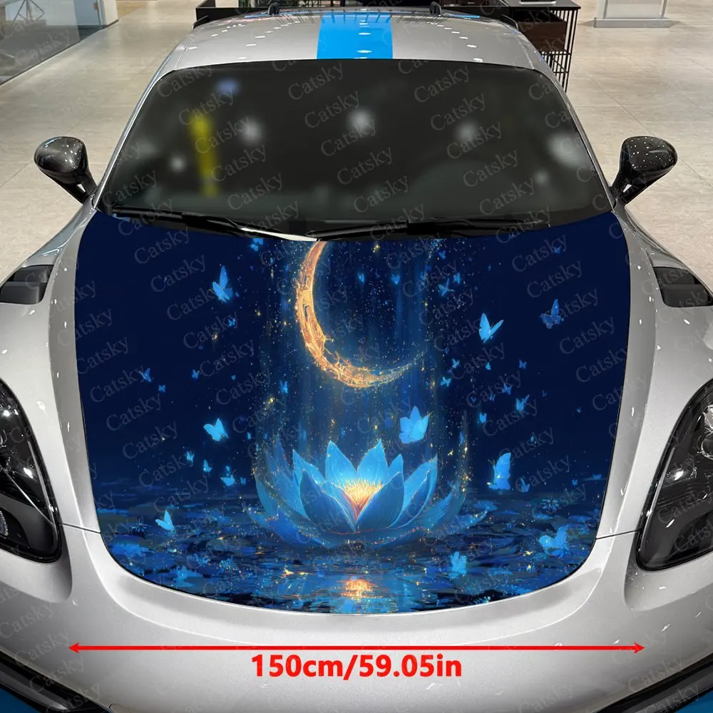Mystic Moon Blue Lotus Glow Car Vinyl Wrap, PVC Waterproof Car Hood Sticker, Self-Adhesive Scratch-Resistant Stickers