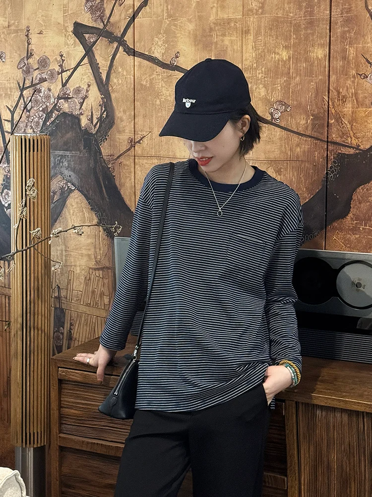 

Loose Casual Long Sve round Ne Striped T-irt Women's Base irt Comfortable Breathable Cotton Autumn Faion Top