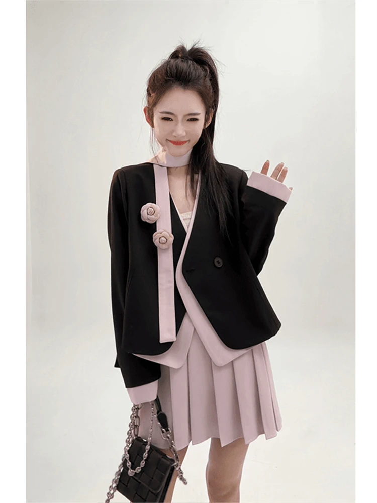 

Стильный корейский комплект для весны: розовая юбка и свитшот с V-образным вырезом и длинными рукавами на пуговицах