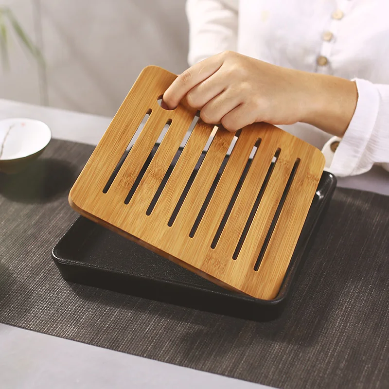 Bamboo Flat Square Ceramic Tea Table Serving Tray 21*21cm Ceramics Bamboo Tea Tray Drainage Water Storage Kung Fu Tea Set