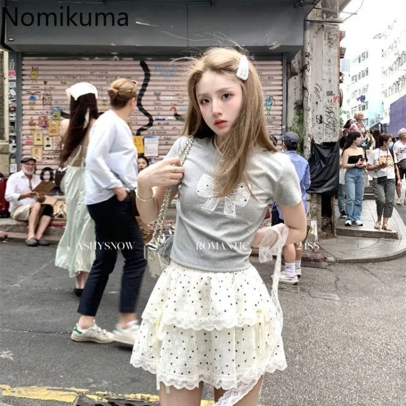 Cute 2 Piece Sets Korean Women Clothing O-neck Short Sleeve Bow Tshirts Lace Polka Dot Mini Skirt Outfits Chic Sweet Summer Suit