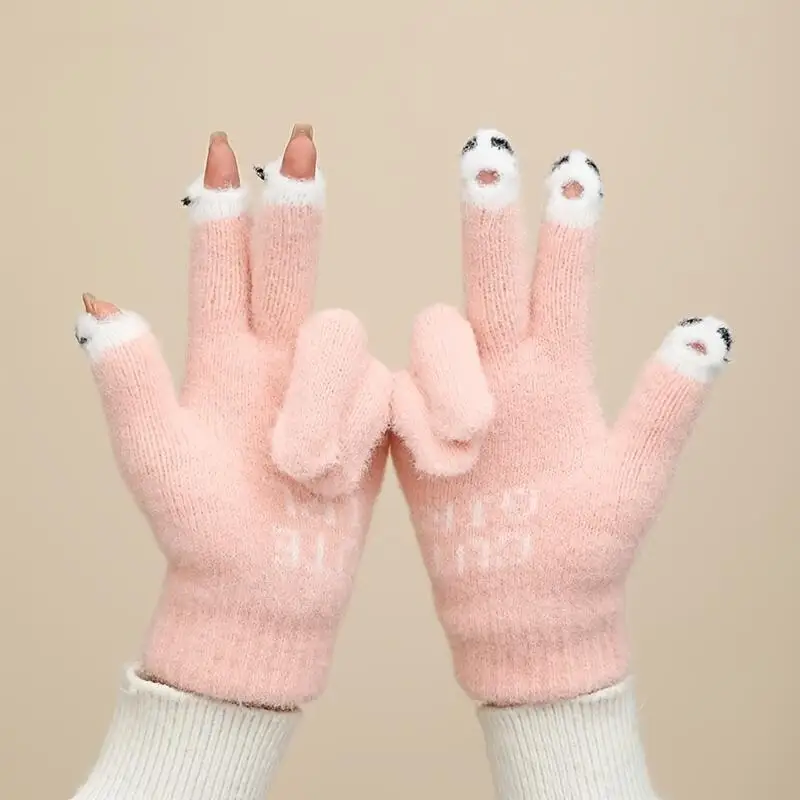 Women Winter Knitted Gloves Cute Half Finger Open Tip Gloves Outdoor Warm  Gloves