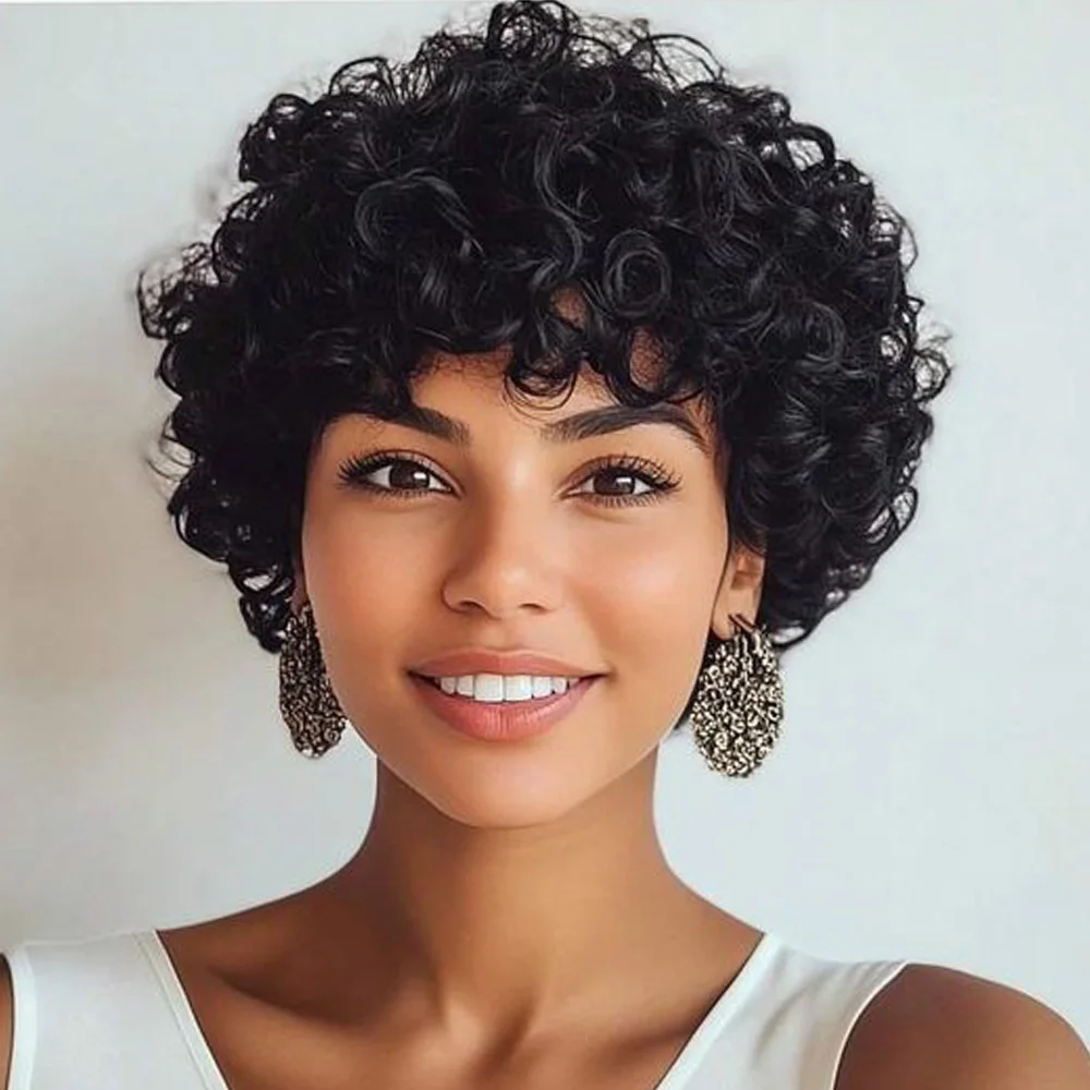 Парики из натуральных волос с стрижкой пикси для чернокожих женщин, дешевый парик из натуральных волос, вьющиеся парики из человеческих волос, полный парик машинного производства