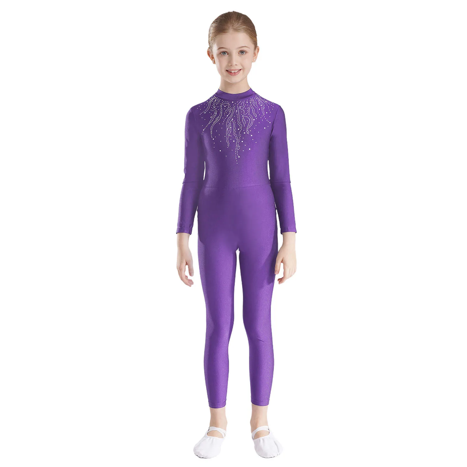 Teen's Gymnastics Jumpsuit Kids Girls Rhinestones Bodysuit Children Long Sleeve Dance Leotard Yoga Figure Skating Dancewear