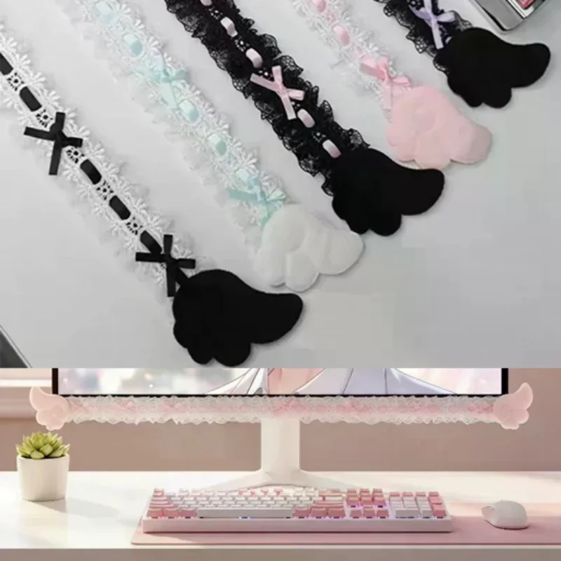 (1Pcs Computer Monitor Decor Strip Stickers Black Bow Lace Wings Design Desk Screen Decor Gaming Room Display Screen Ornaments)