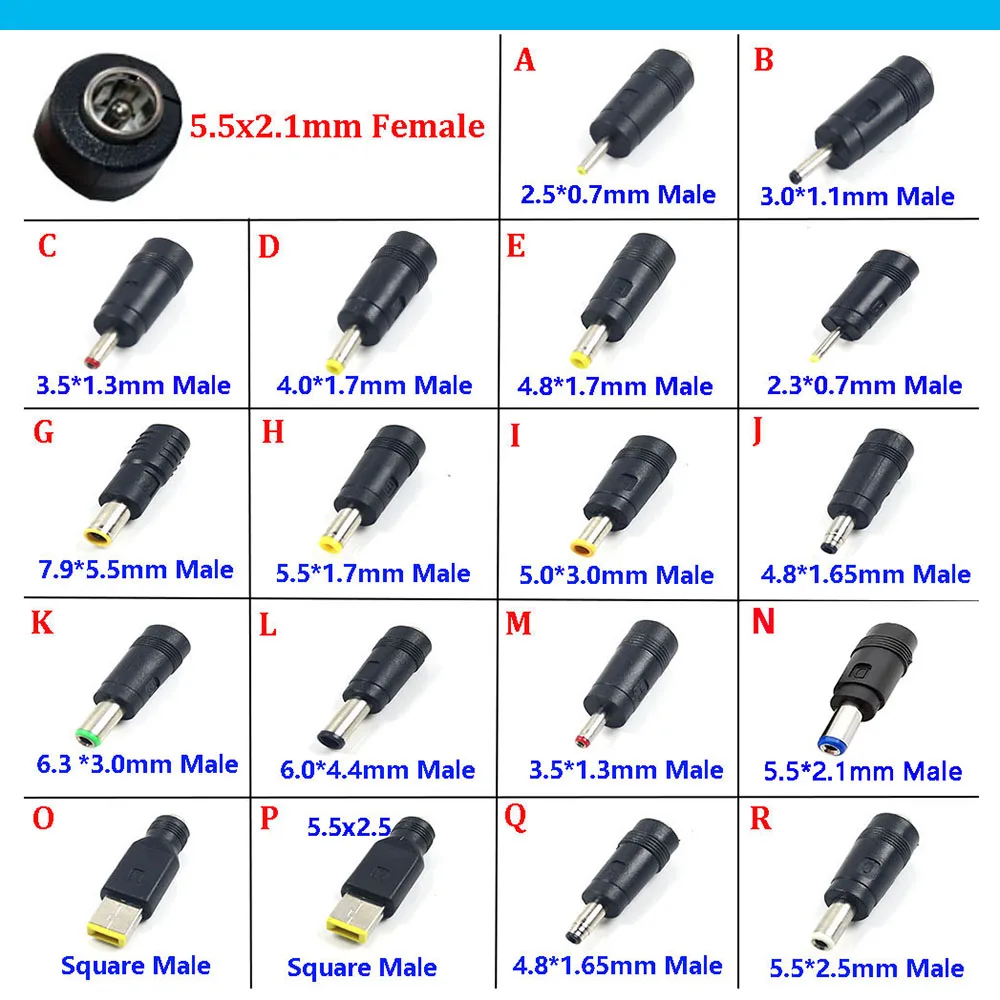 

1piece DC Power Male to Female Adapter 5.5x2.1mm to 7.9*5.5/6.3*3.0/6.0*4.4/3.5*1.3/2.5*0.7/4.8*1.7/5.5*2.5mm Laptop Connector