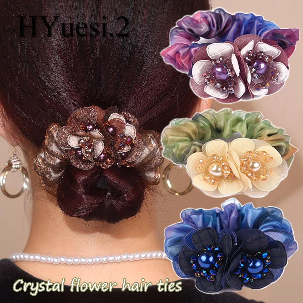 Elegant Ladies Crystal Flower Hair Rope Fashion Elastic Large Lace Hair Scrunchies Ties With Faux Pearl For Women Girls