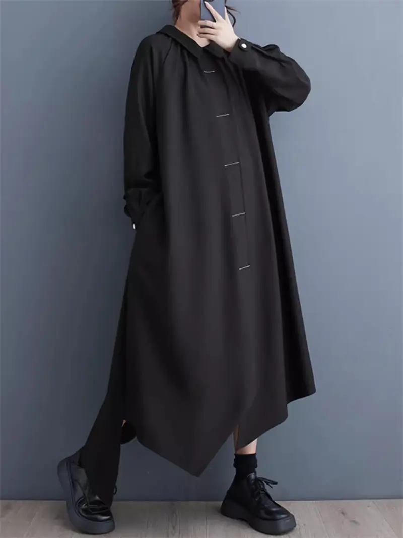 Doll Neck Design Irregular Dress High-End Temperament Loose Dark Style Long Dress For Women 2024 Spring Autumn Female Robe K229