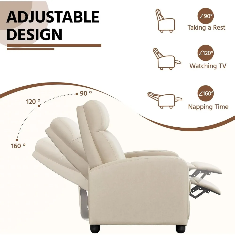 Silla reclinable de tela moderna, sofá individual ajustable con cojín de asiento más grueso y respaldo para sala de estar y hogar