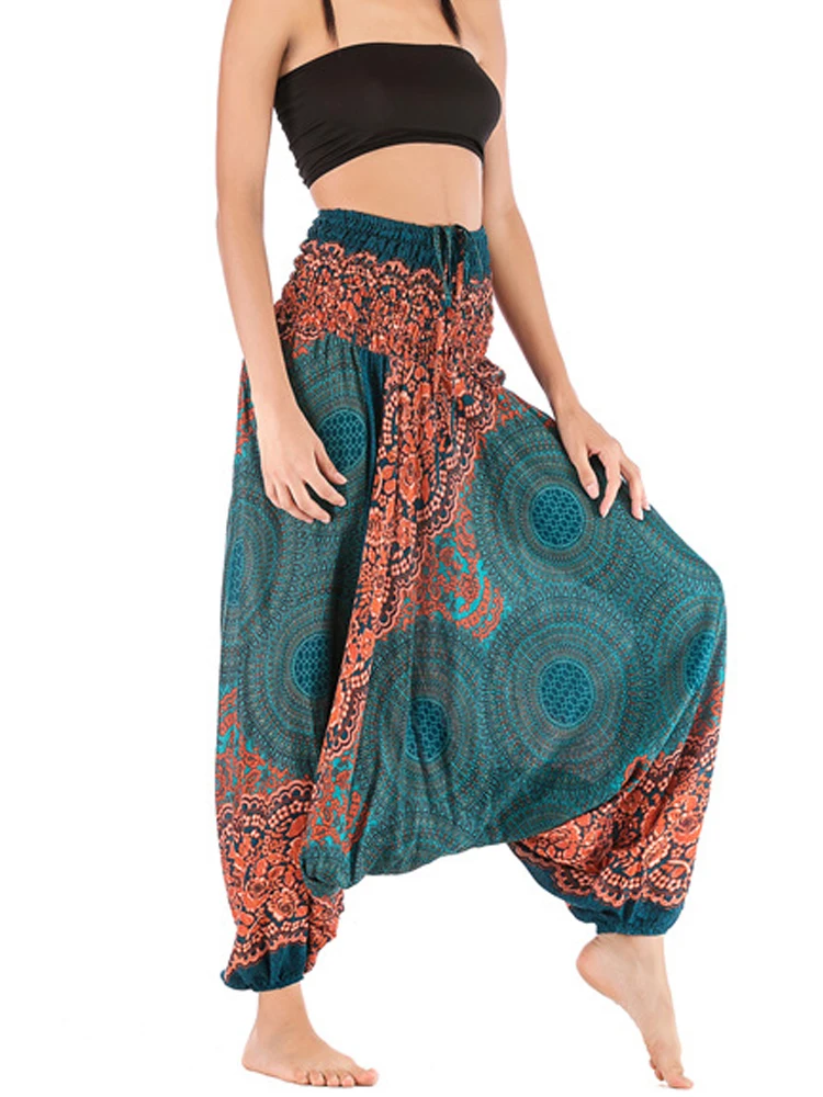 Pantalones holgados informales con estampado Floral bohemio Retro para mujer, moda de verano 2026, pantalones elásticos de cintura alta para mujer, pantalones de baile de Yoga Hippy tailandeses