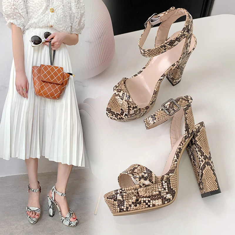 2024 summer women sandals plus size 22-28cm Snake patterned microfiber women\'s shoes thick heel fashion Ankle strap high heels