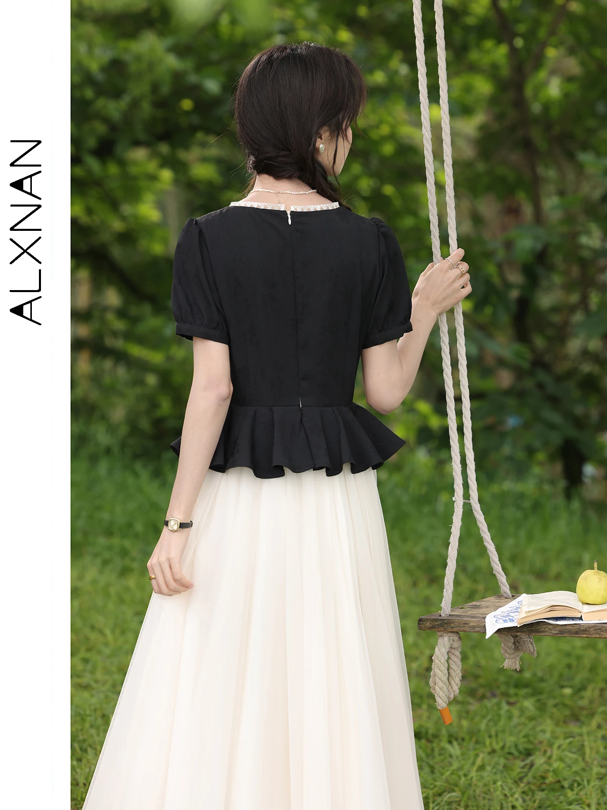 ALXNAN Lange damesjurk Elegant Zwart Wit Patchwork Midi-jurk 2025, Zomervakantie A-lijn Casual Dameskleding Nieuw L55667