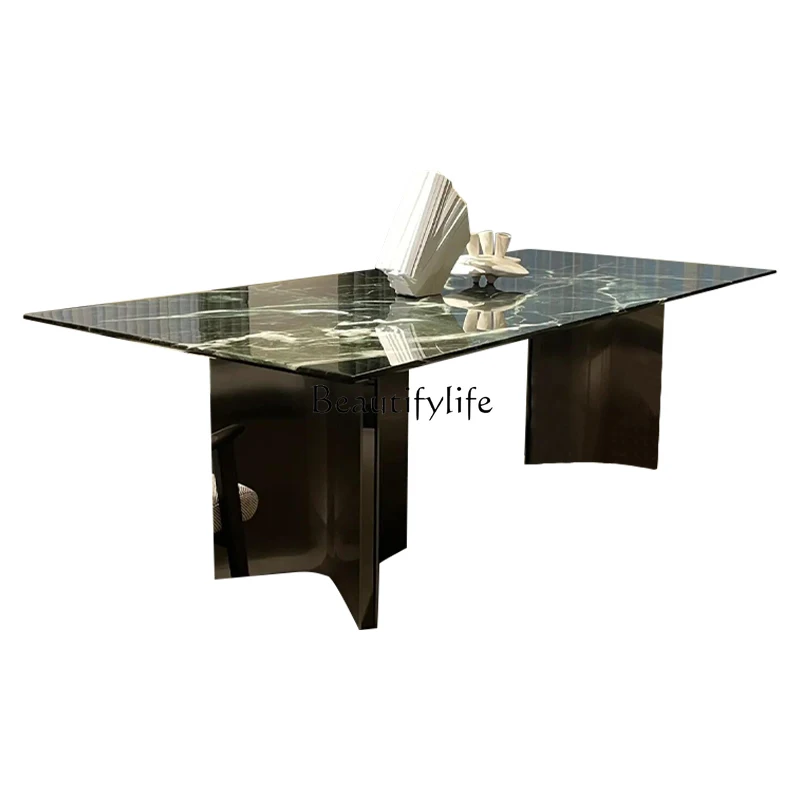 

Green natural marble dining table Italian light luxury high-end rectangular luxury stone dining table