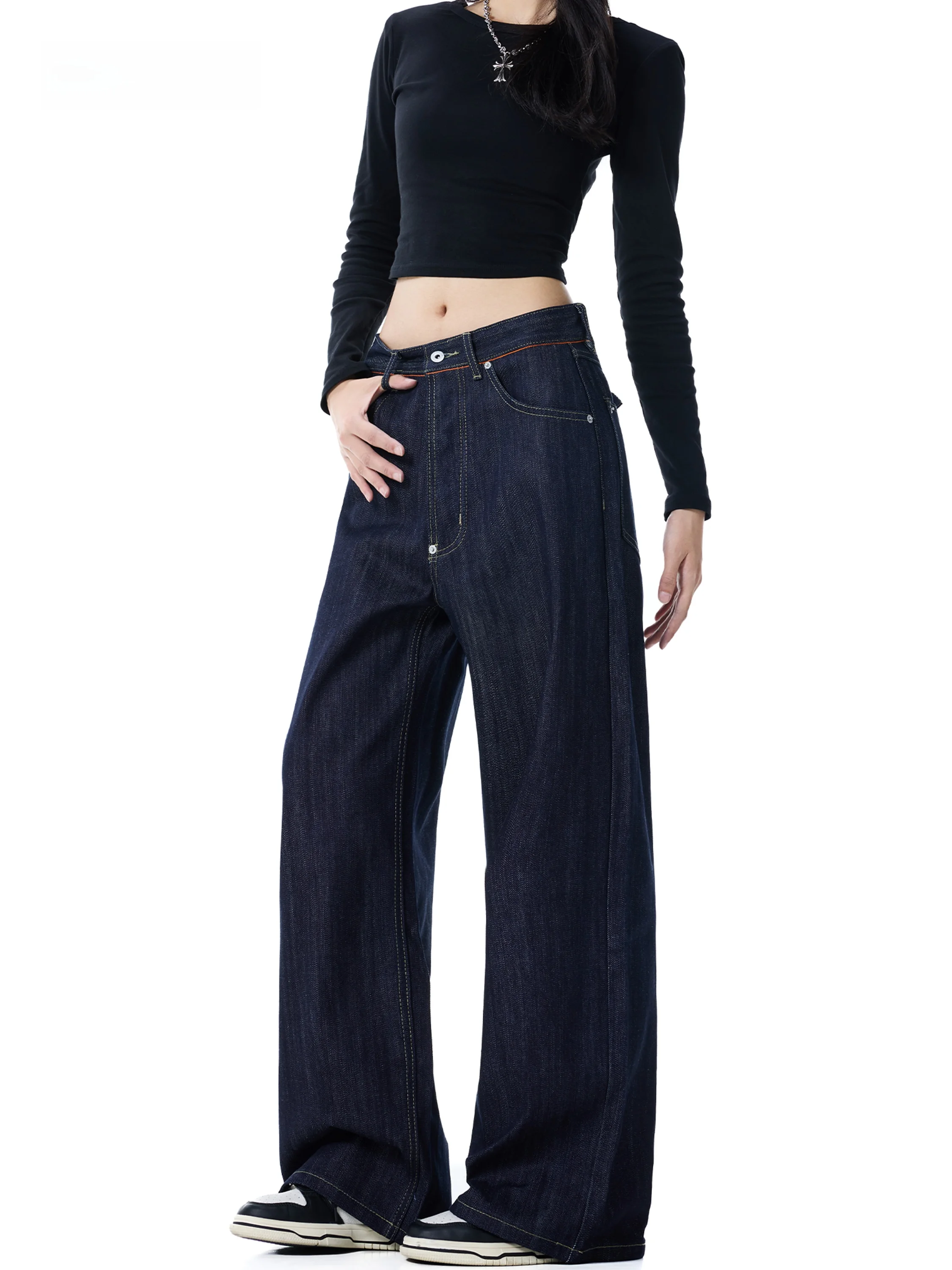 EDX Denim Blue Original Wide Leg Jeans Women's Straight Cut Adjusting Slim Fit Casual Cotton Blend Comfortable Spring Autumn