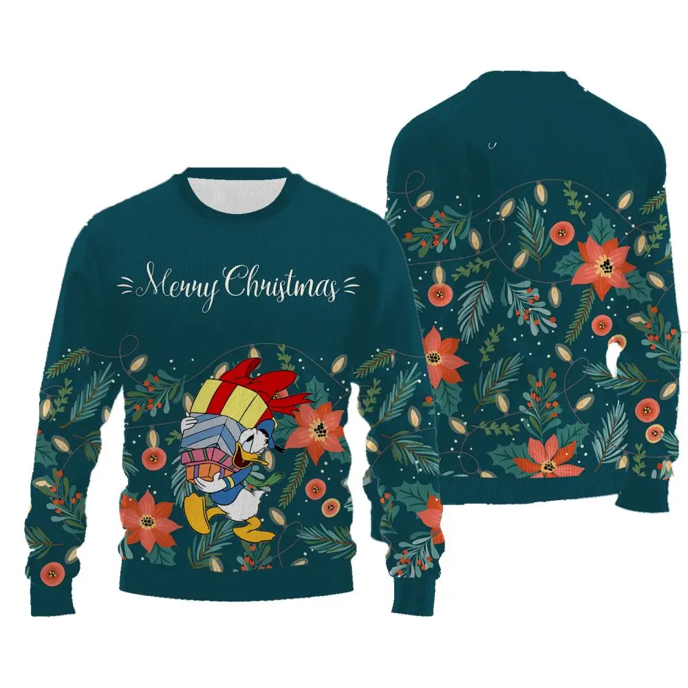 2024. Nowy styl Disney Donald Duck Pattern Pullover Harajuku Okrągły dekolt Casualowy damski gruby sweter z długim rękawem na Boże Narodzenie